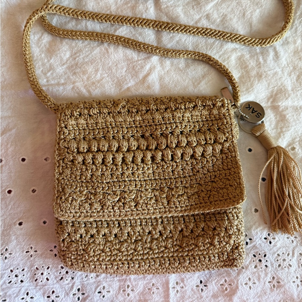 🤎 The Sak Tan Crochet Tassel Crossbody Bag Boho Woven Purse